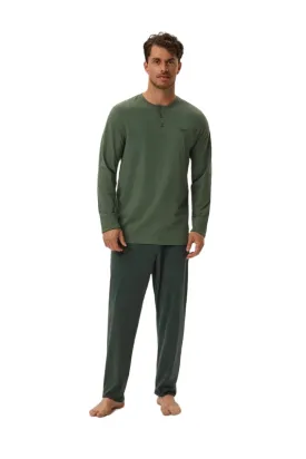 TEEK - Mens Chest Button Long Sleeve Top Pants Pajama Set