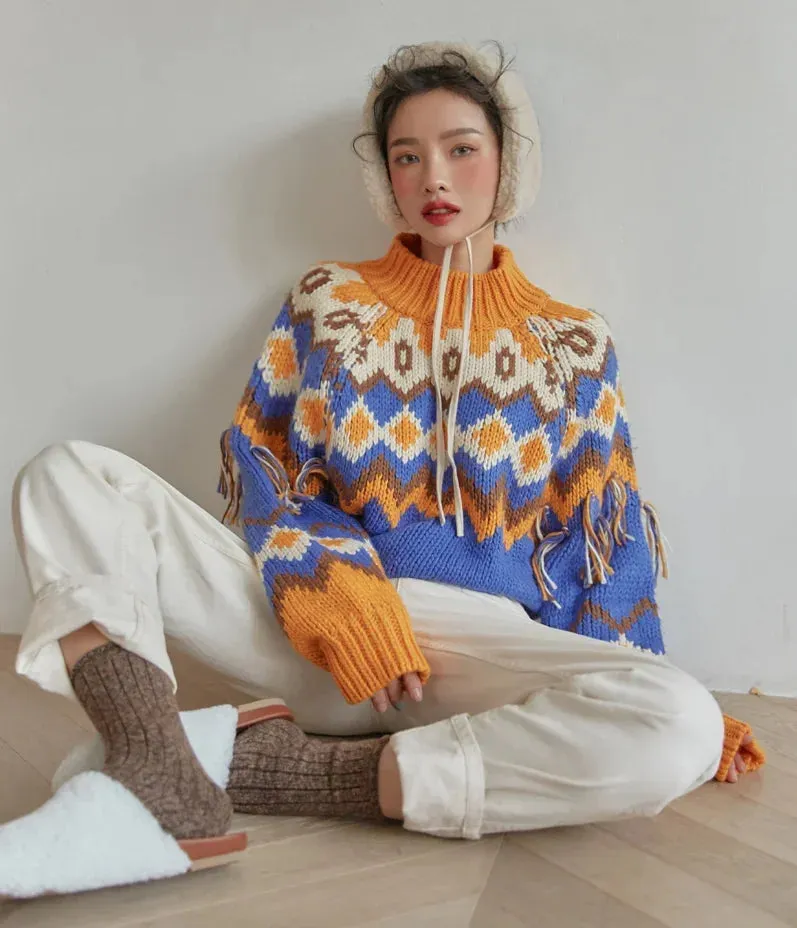 TEEK - Vintage Red Jacquard Fringe Knit Sweaters