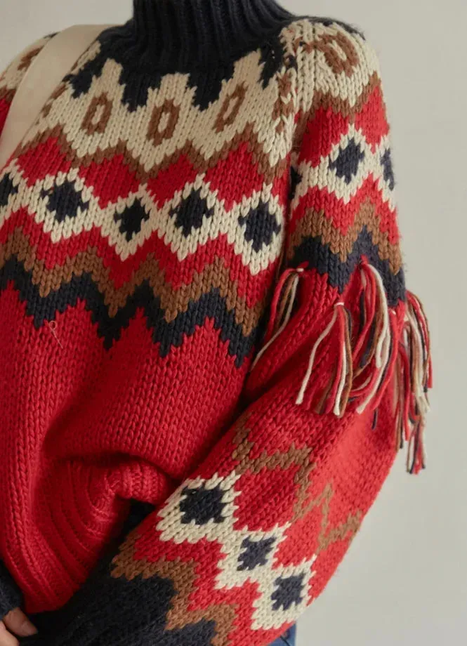 TEEK - Vintage Red Jacquard Fringe Knit Sweaters