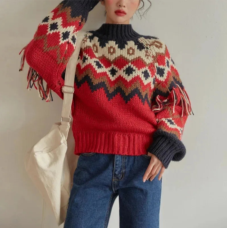 TEEK - Vintage Red Jacquard Fringe Knit Sweaters