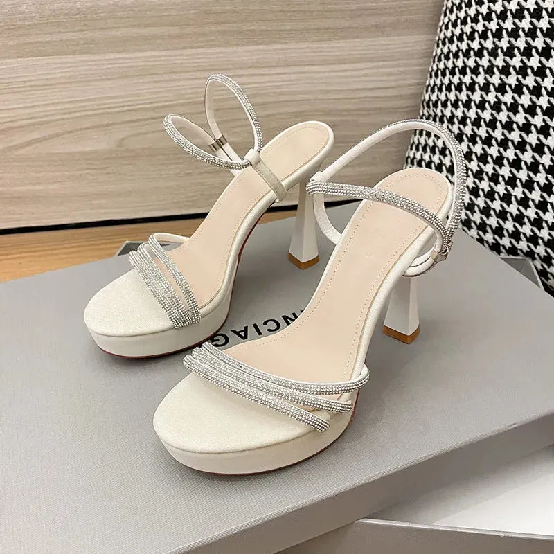 Temperament Round Head High Heel Sandals Waterproof Platform with Fine Heel Water Diamond Ribbon Summer New  Casual Daily Versatile