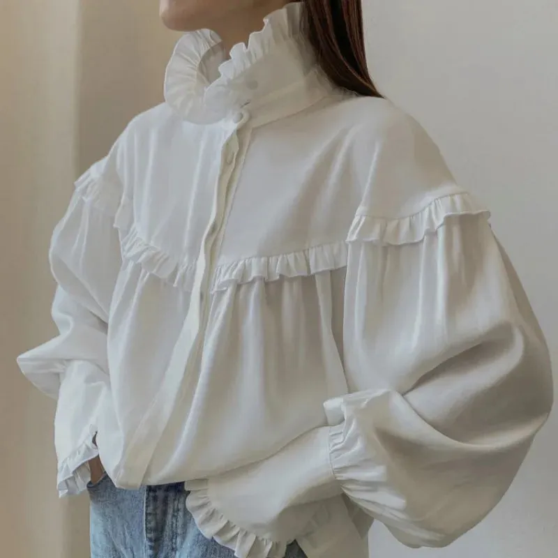 Turtleneck Casual Long Ruffle Sleeve White Spring Women's Loose Street T-shirt