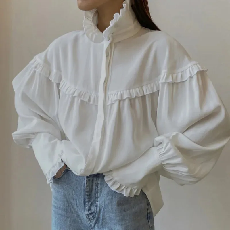 Turtleneck Casual Long Ruffle Sleeve White Spring Women's Loose Street T-shirt