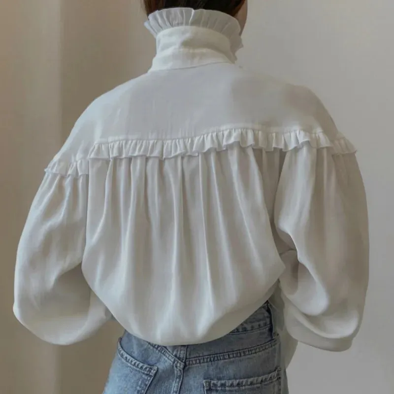 Turtleneck Casual Long Ruffle Sleeve White Spring Women's Loose Street T-shirt