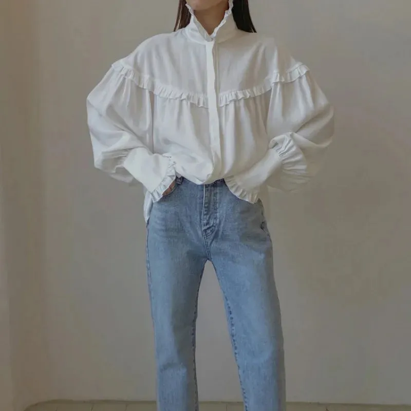 Turtleneck Casual Long Ruffle Sleeve White Spring Women's Loose Street T-shirt