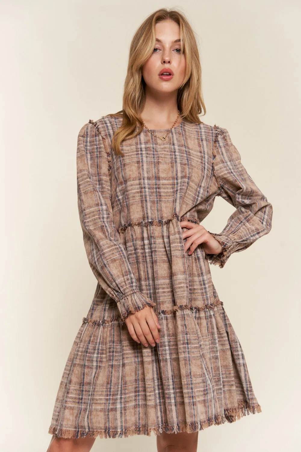 Washed Frayed Tiered Plaid Dress