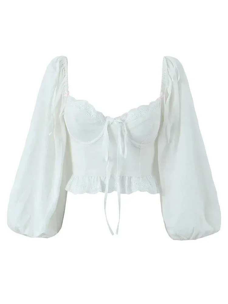 White Wire Corset Cross Backless Lantern Cropped Tops Blouse