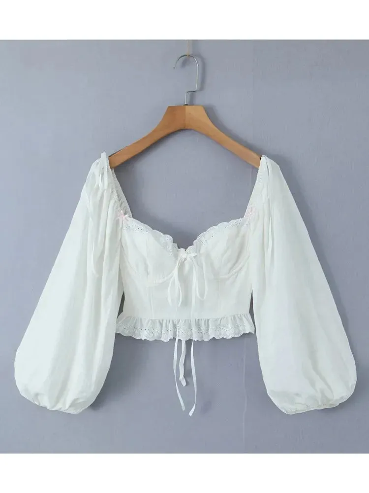 White Wire Corset Cross Backless Lantern Cropped Tops Blouse