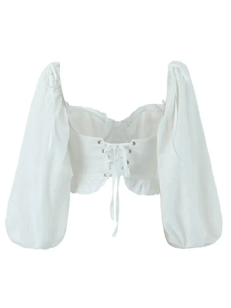 White Wire Corset Cross Backless Lantern Cropped Tops Blouse