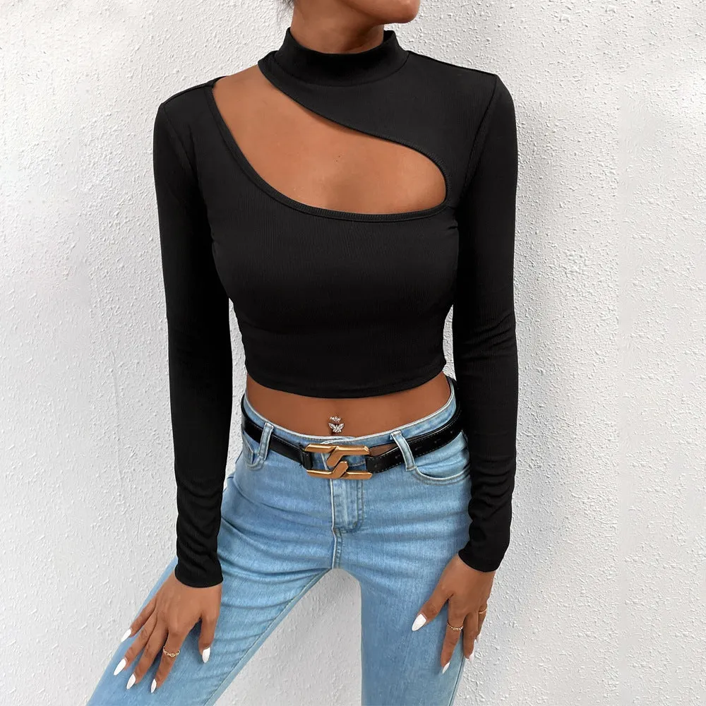 Women Clothing Trendy T shirt Fal Winter Slim Cropped Exposed Short Long Sleeve Top