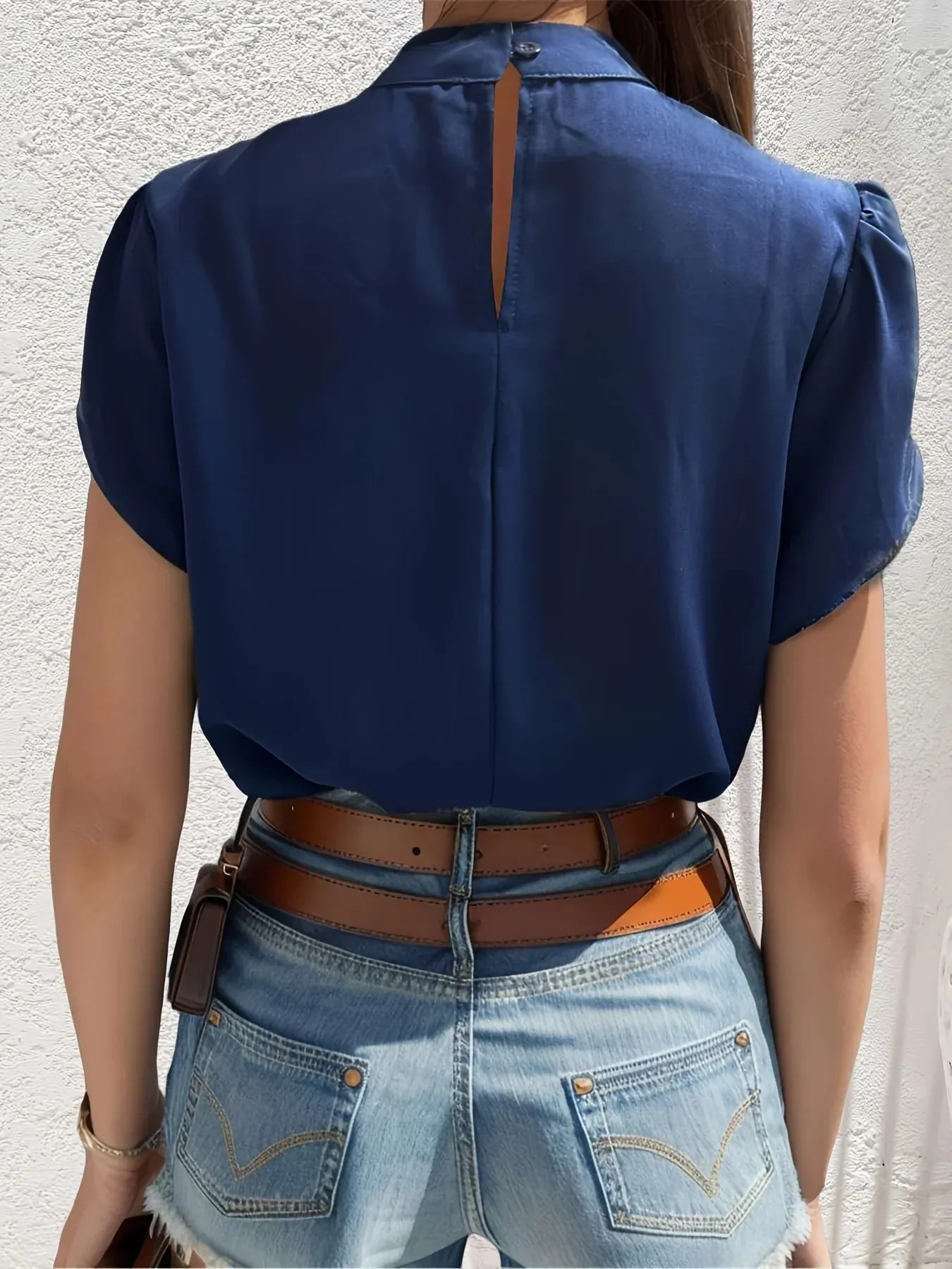 Women Fashion Color Blouses Stand Collar Short Sleeve Blouse