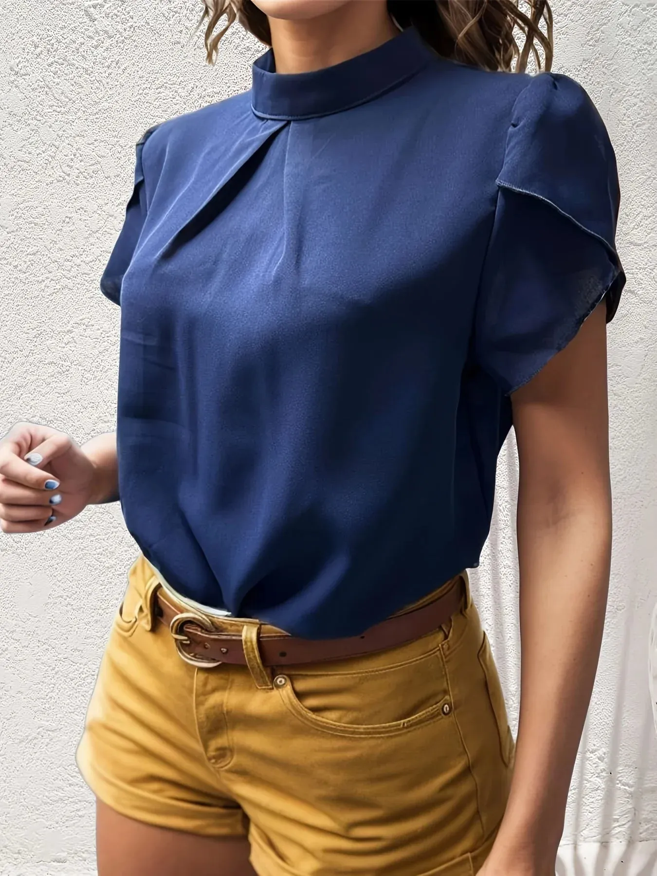 Women Fashion Color Blouses Stand Collar Short Sleeve Blouse