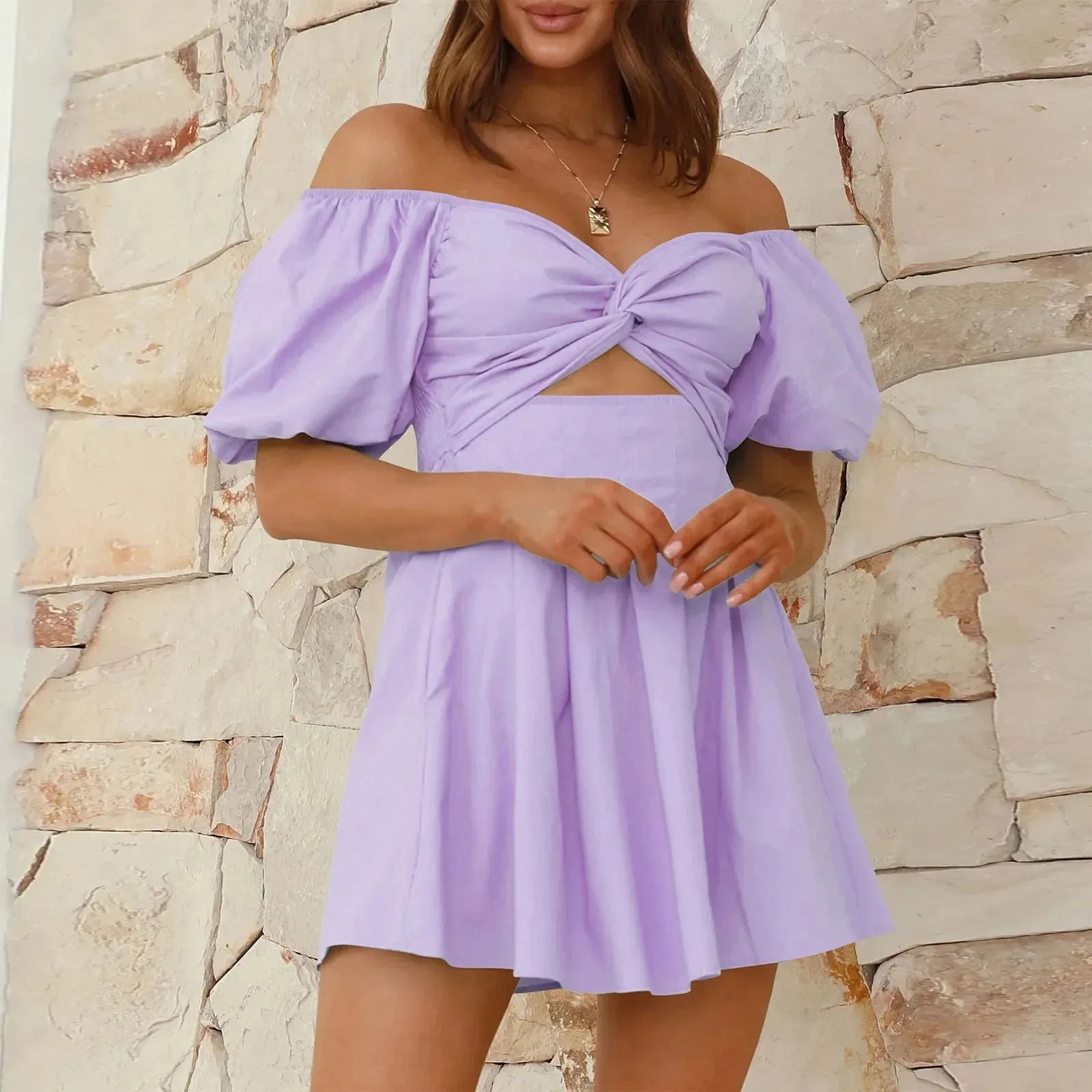 Women Plus Size Solid Puff Sleeve Patchwork Strapless Off Shoulder Mini Dress