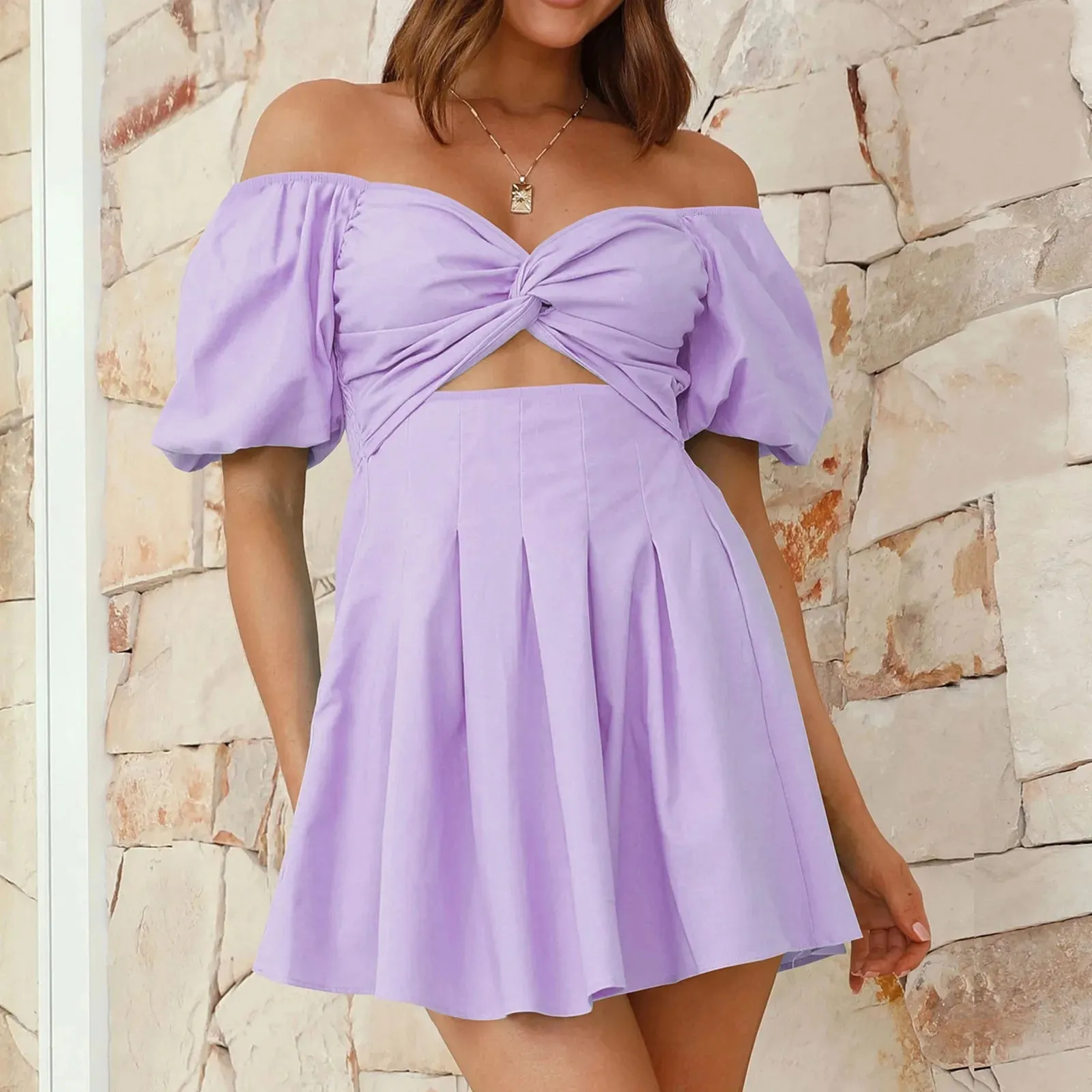 Women Plus Size Solid Puff Sleeve Patchwork Strapless Off Shoulder Mini Dress