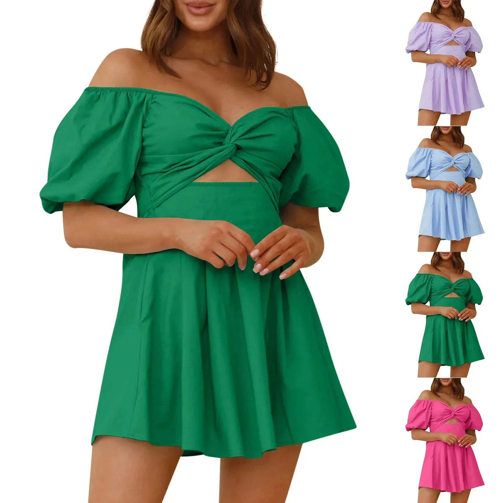 Women Plus Size Solid Puff Sleeve Patchwork Strapless Off Shoulder Mini Dress