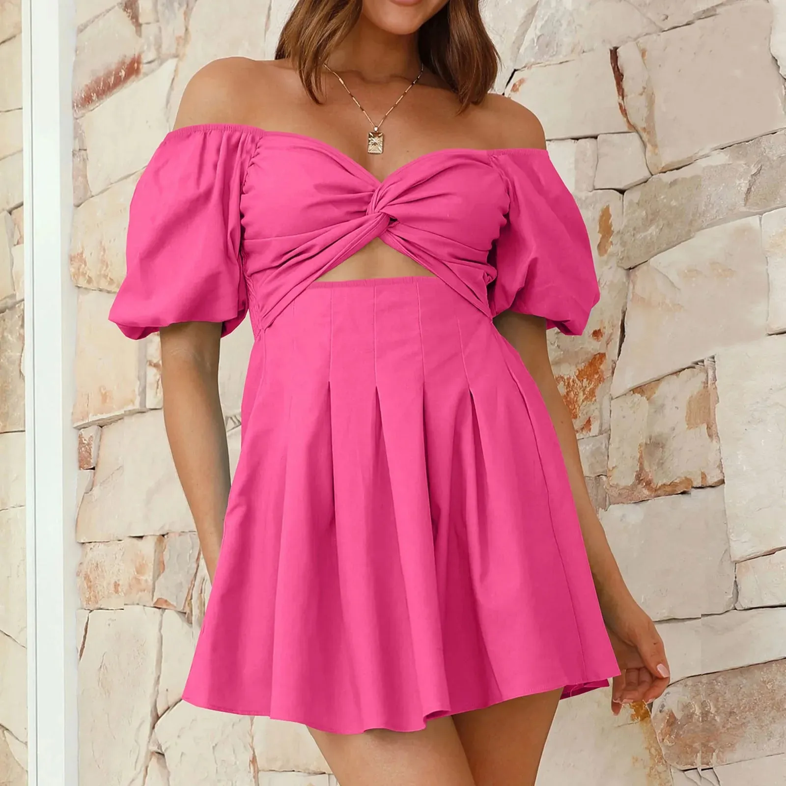 Women Plus Size Solid Puff Sleeve Patchwork Strapless Off Shoulder Mini Dress