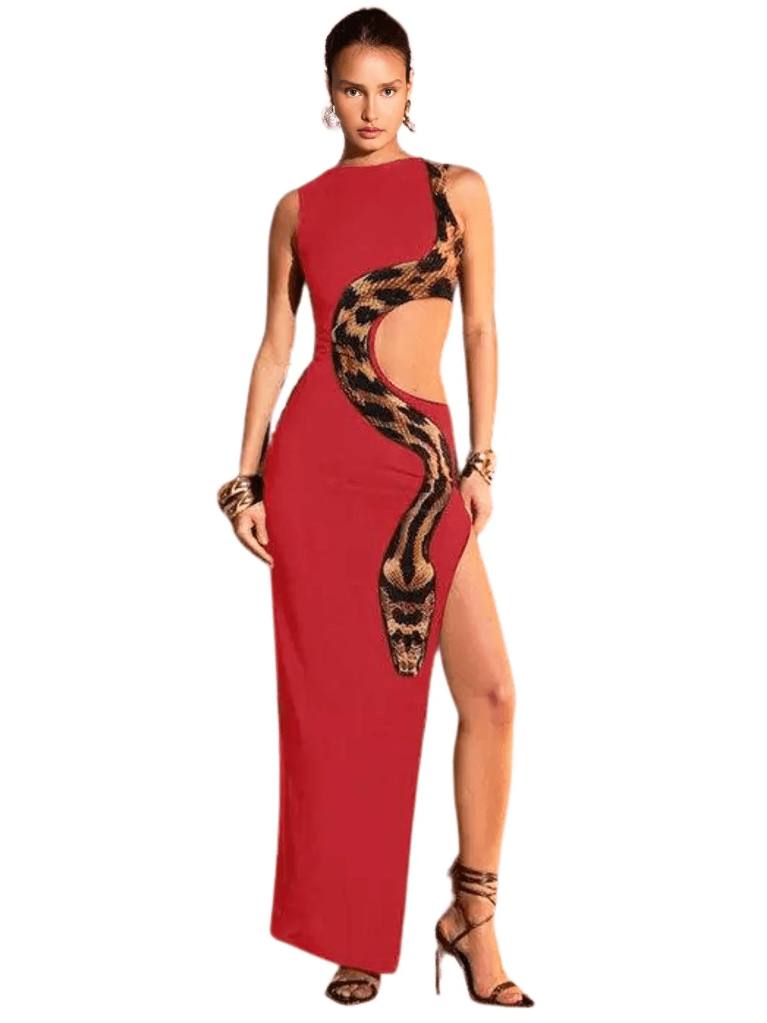 Women's Summer Sexy Slim Slit Long Skirt Hollow Dress Sexy Snake Party Dress